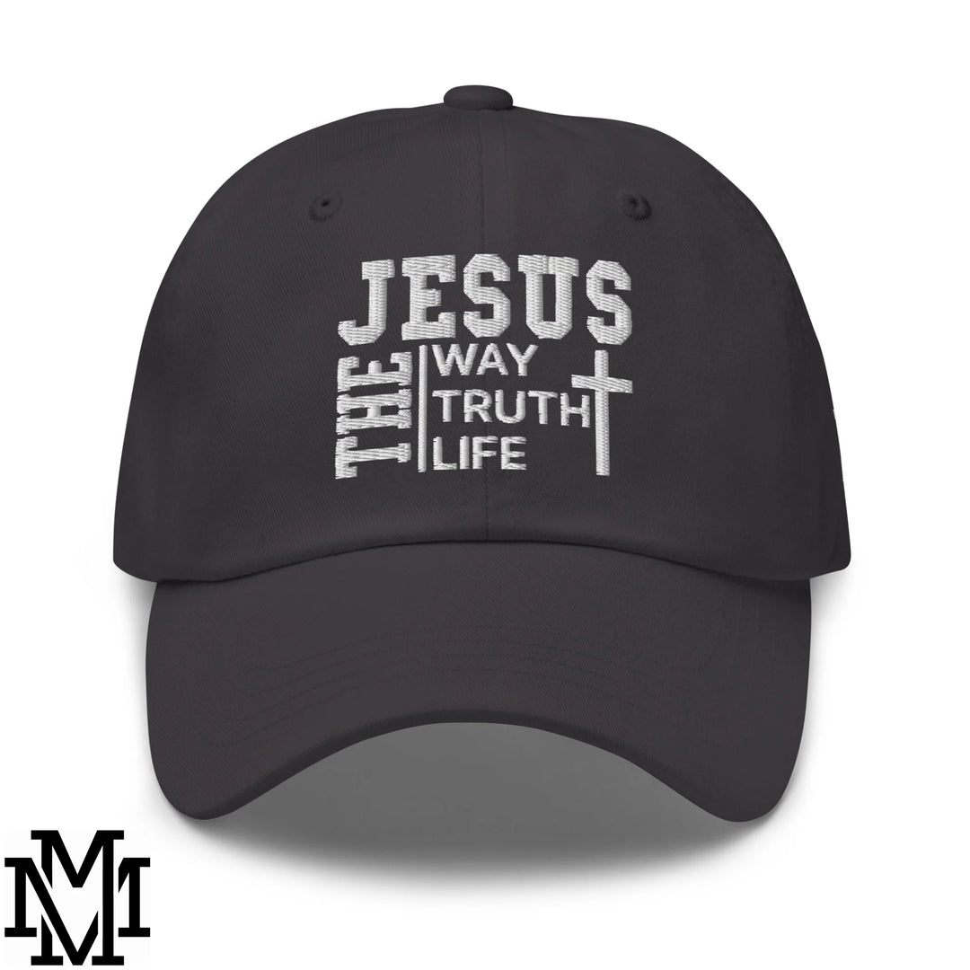 Jesus The Way The Truth The Life Embroidered Unstructured Dad Hat - Dark Grey