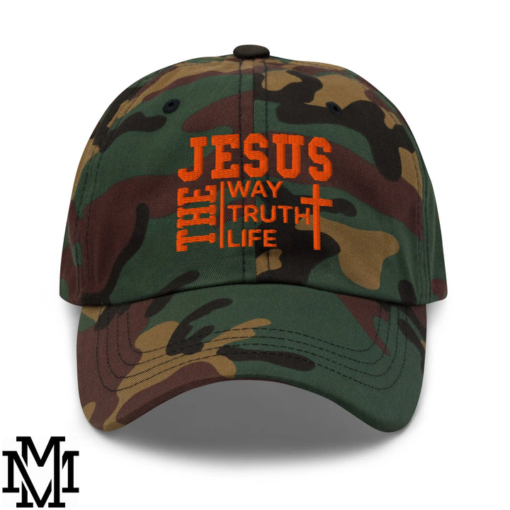 Jesus The Way The Truth The Life Embroidered Unstructured Dad Hat - Green Camo