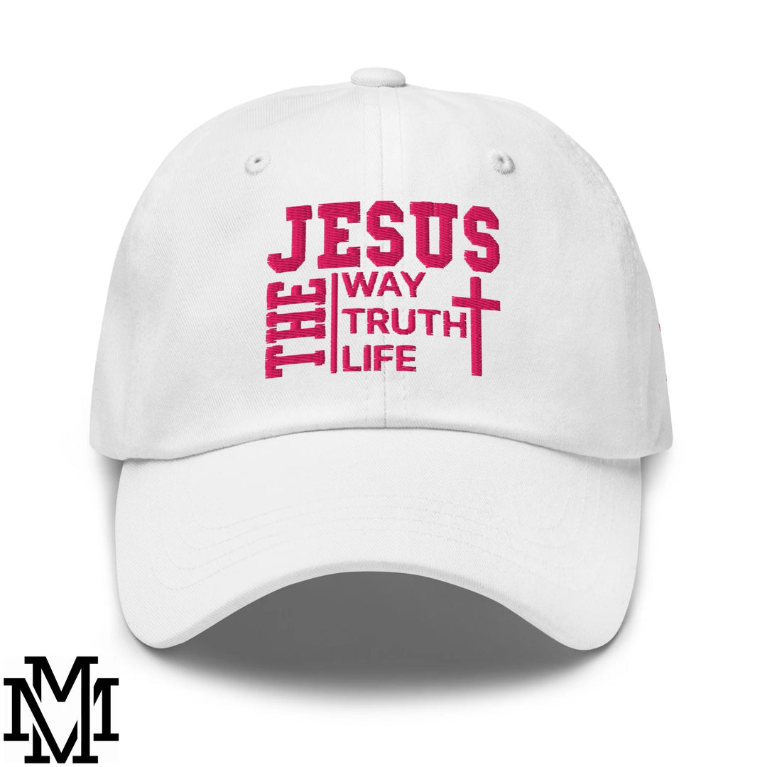 Jesus The Way The Truth The Life Embroidered Unstructured Dad Hat - White