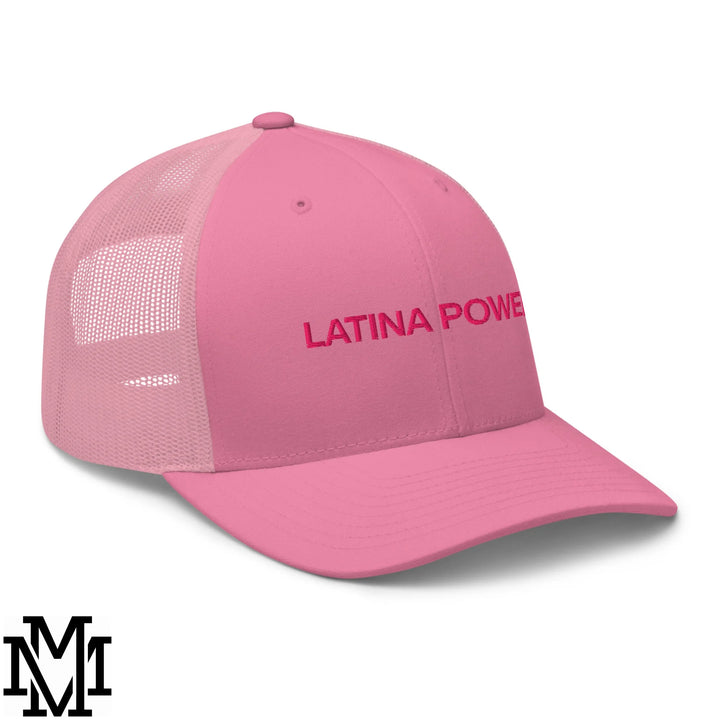 Pink trucker hat with mesh back and latina power embroidered in matching pink thread