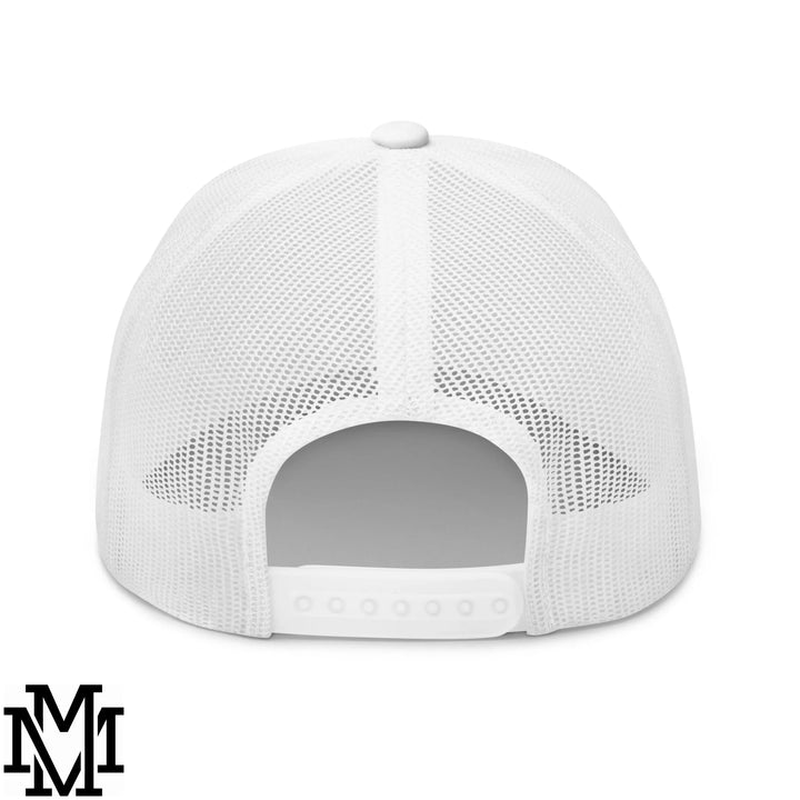 White mesh latina power embroidered trucker hat with solid white back panel and adjustable strap shown from back
