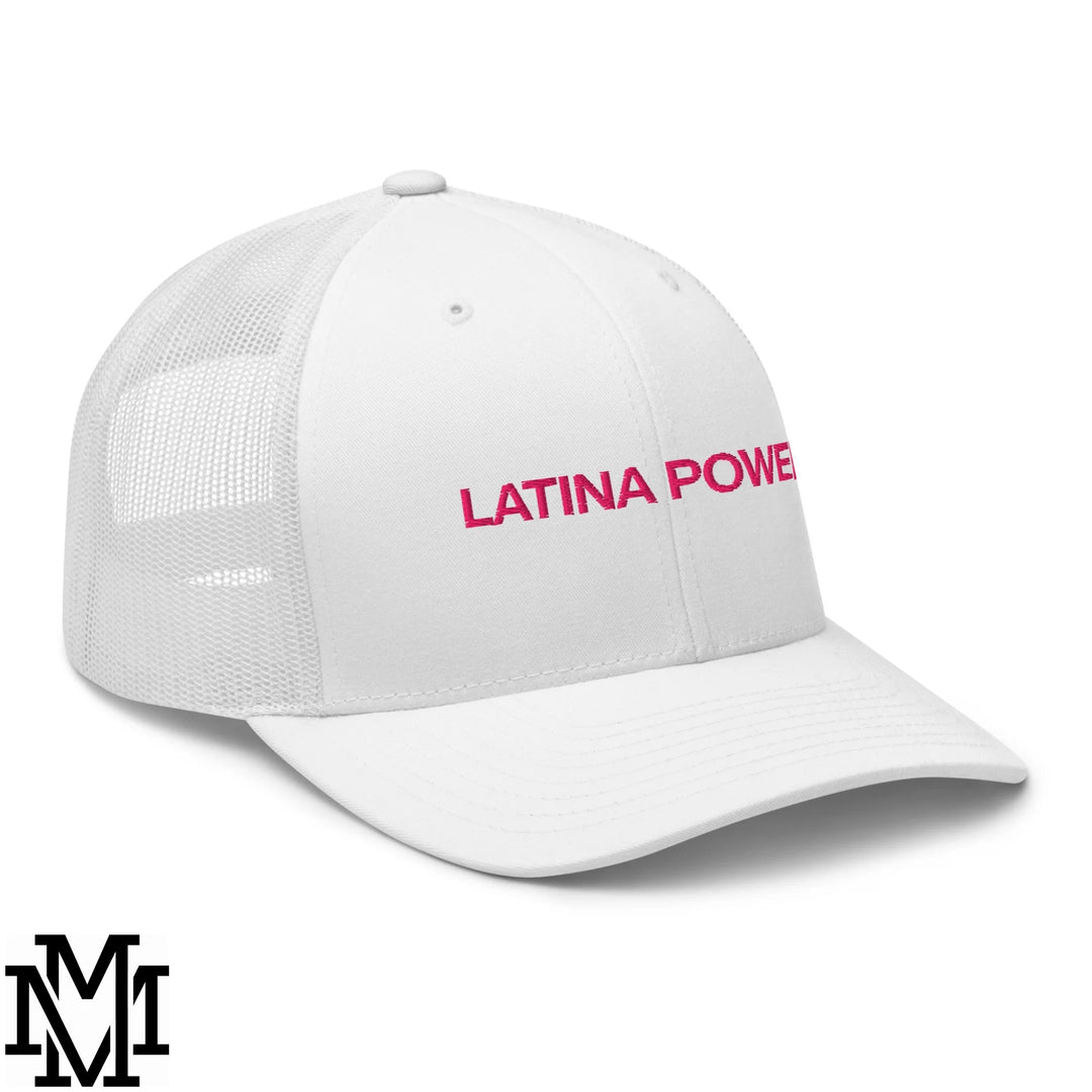 White mesh trucker hat with pink embroidered latina power text across the front panel