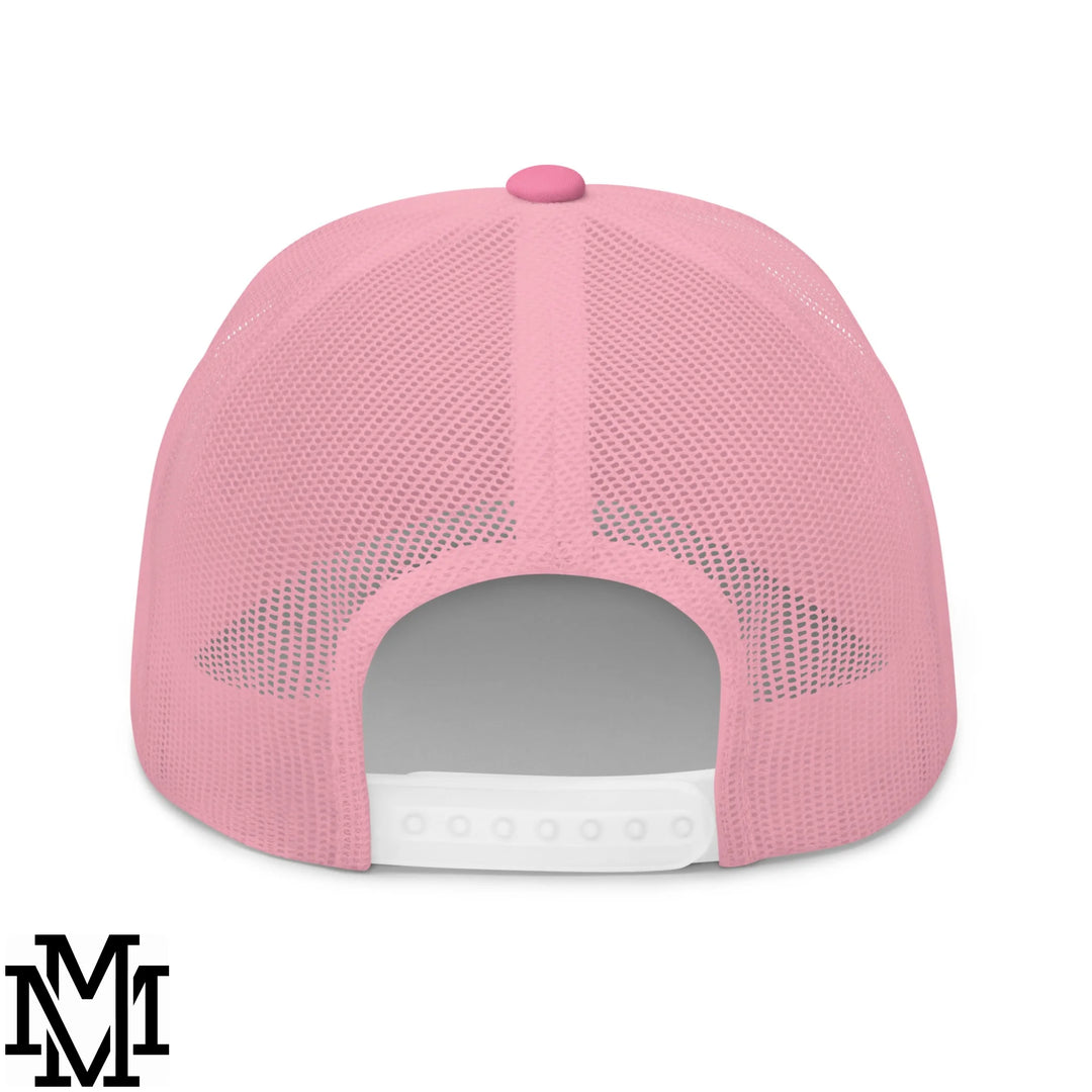 Pink mesh latina power embroidered trucker hat showing back with matching button and white adjustable strap