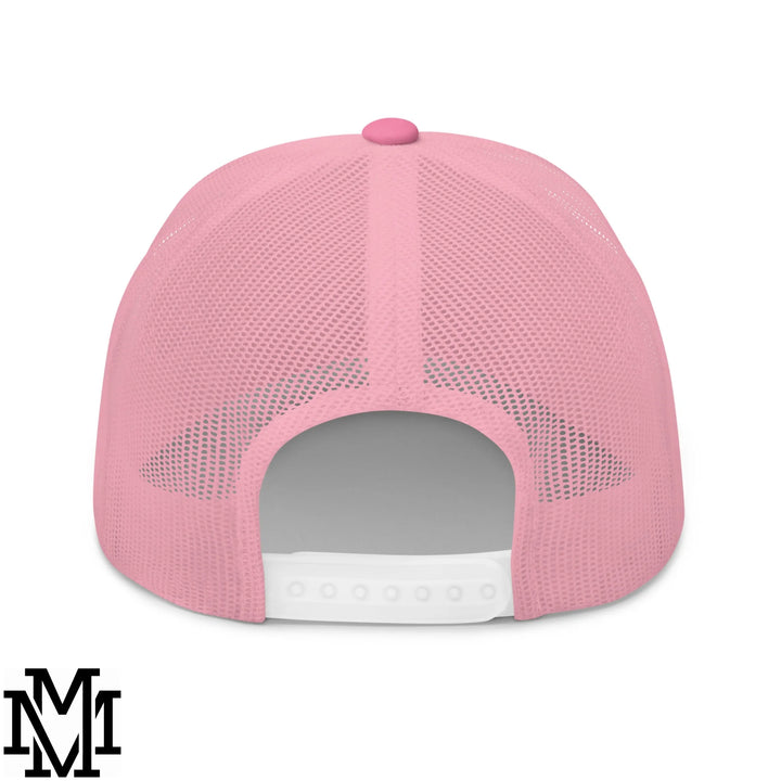 Pink mesh latina power embroidered trucker hat showing back with matching button and white adjustable strap