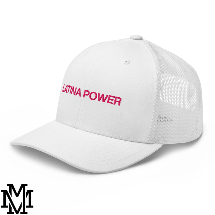 White mesh trucker hat with pink embroidered latina power text across the front for casual wear