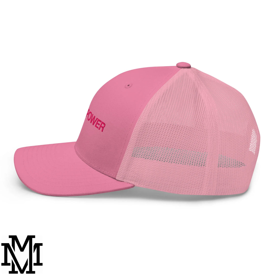 Latina power embroidered mesh trucker hat in pink with solid front panel and matching power embroidery on the side