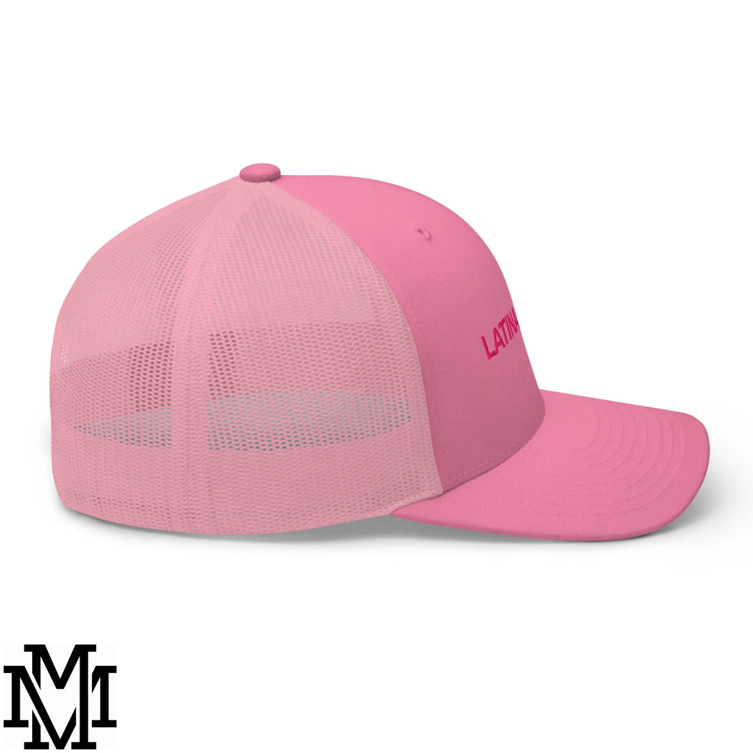 Pink latina power trucker hat with mesh back and embroidered latin detail on solid front panel