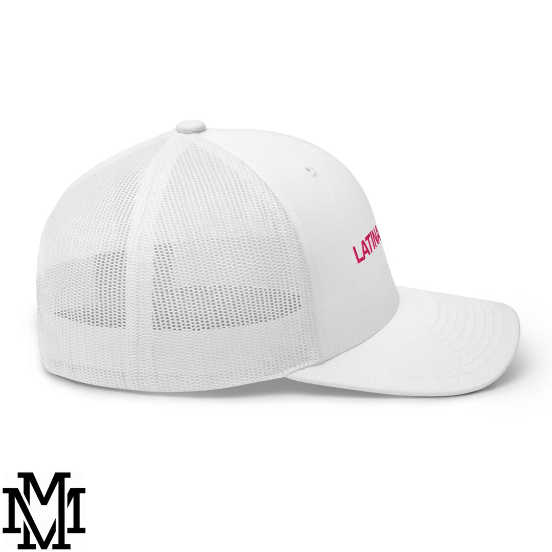 White mesh trucker hat with pink embroidered latina text on the side from the latina power collection