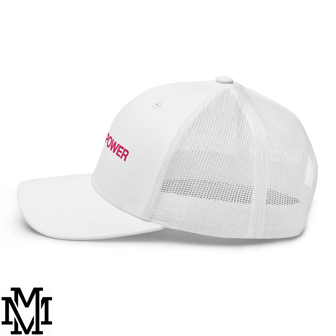 White Latina power embroidered mesh trucker hat with pink text and breathable back for casual wear