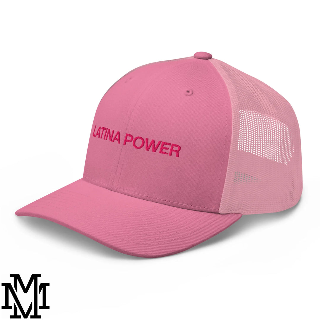 Pink mesh Latina power embroidered trucker hat featuring matching pink front panel embroidery