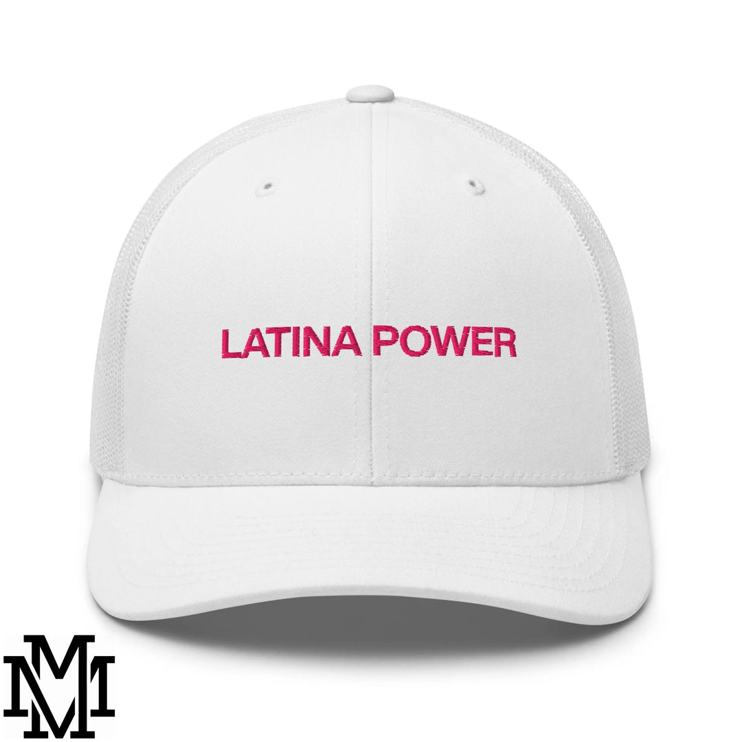 White mesh trucker hat with pink embroidered latina power text across the front for casual wear