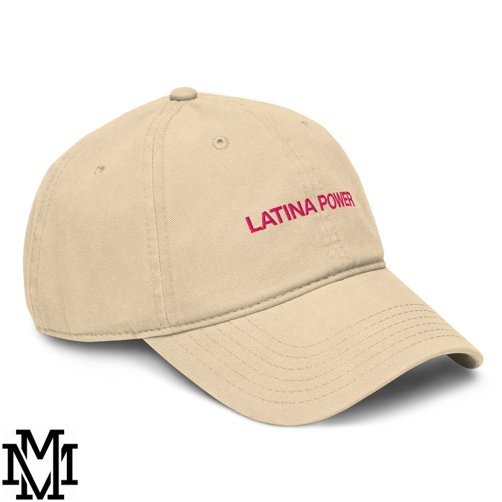 Beige unstructured baseball dad hat with latina power embroidered in pink for casual wear