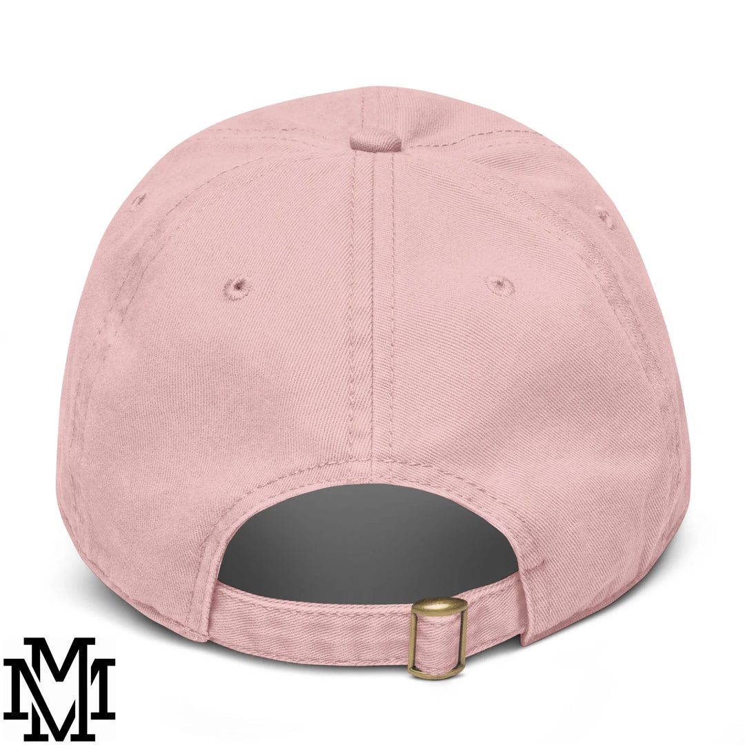 Latina Power embroidered unstructured baseball dad hat in soft pink cotton with gold-toned adjustable strap buckle back view
