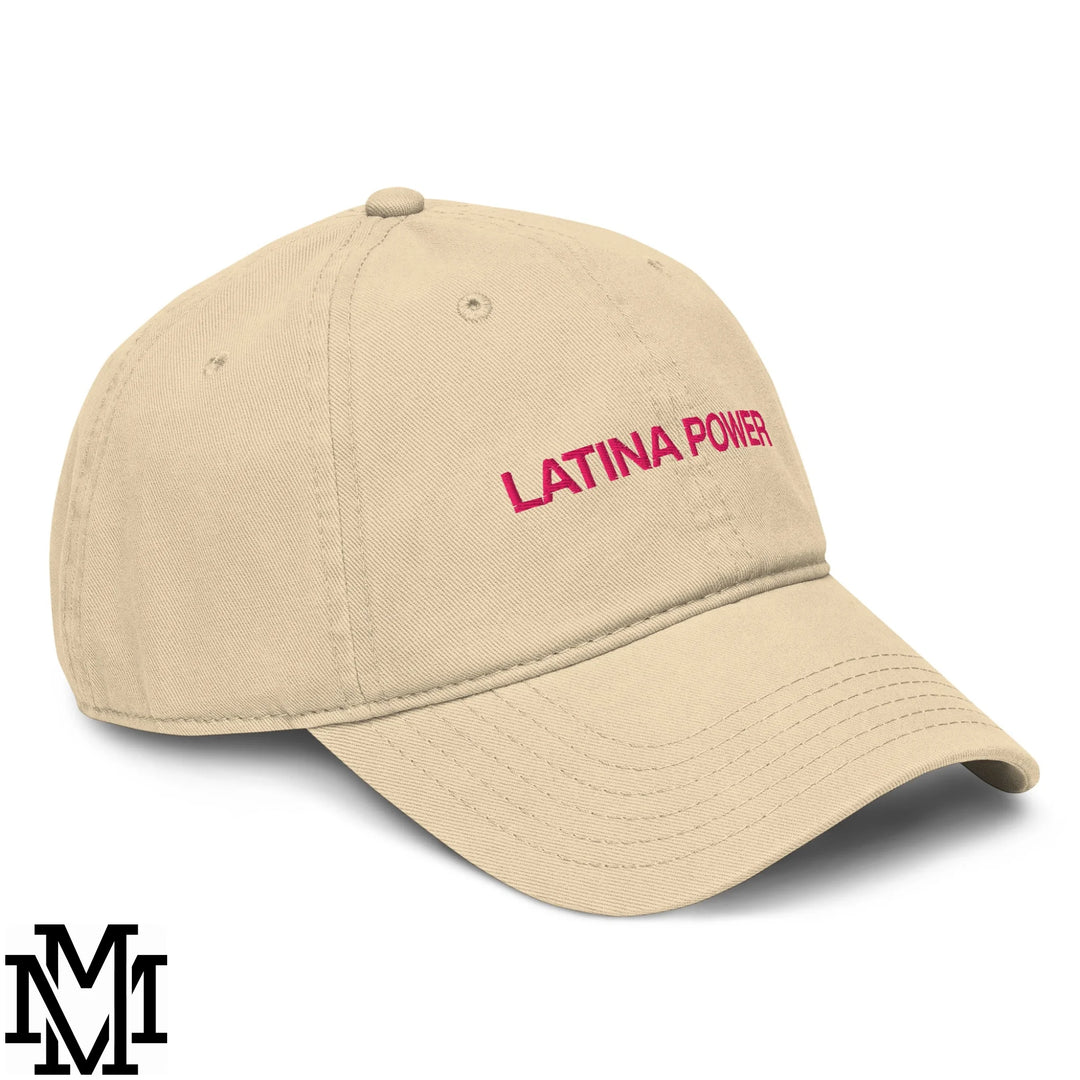 Beige unstructured baseball dad hat with latina power embroidered in pink thread for casual wear