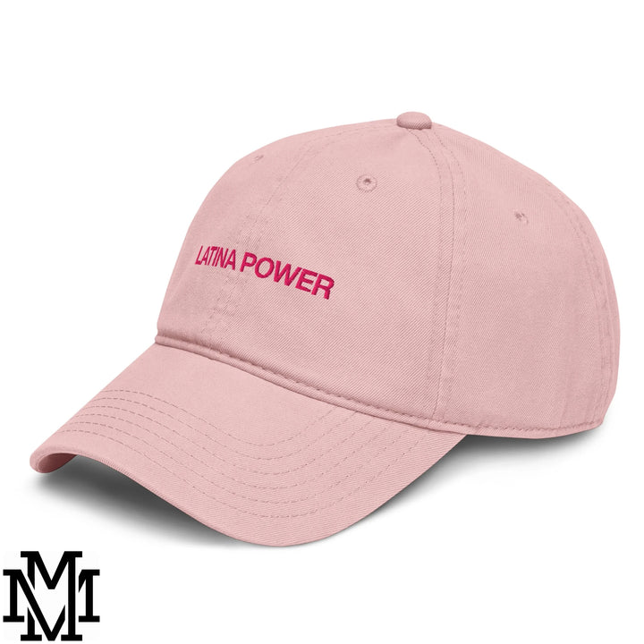 A soft pink cotton baseball dad hat with latina power embroidered in bold pink thread on the front