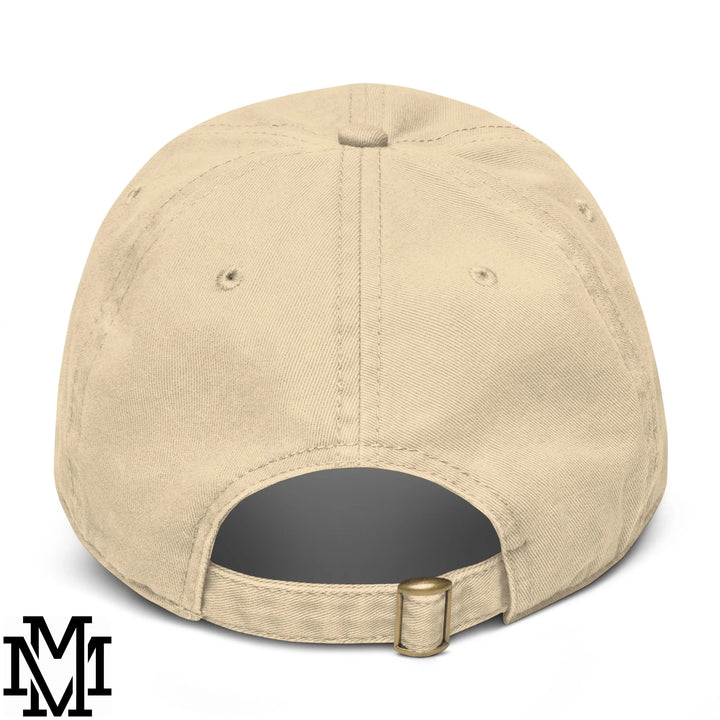 Beige cotton latina power embroidered unstructured baseball dad hat with gold-toned adjustable strap buckle back side