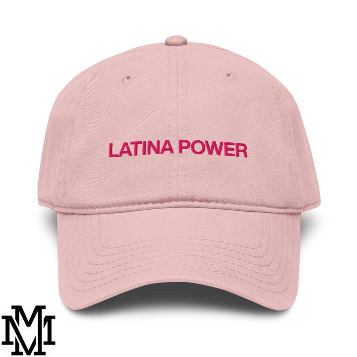 A soft pink cotton unstructured baseball dad hat with Latina Power embroidered in bold pink thread on the front