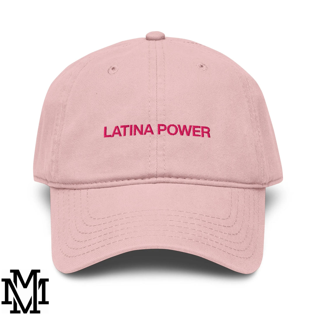 A soft pink cotton unstructured baseball dad hat with latina power embroidered in bold pink thread across front