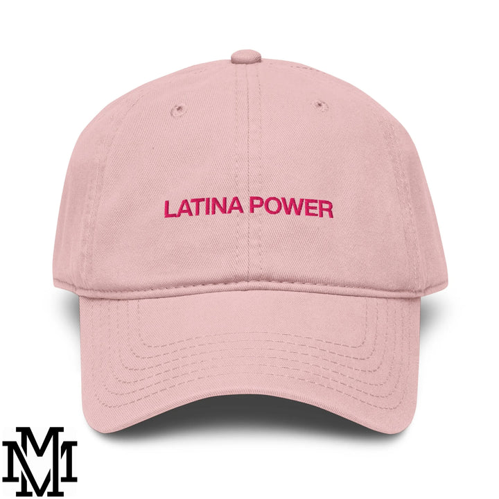 A soft pink cotton unstructured baseball dad hat with latina power embroidered in bold pink thread across front