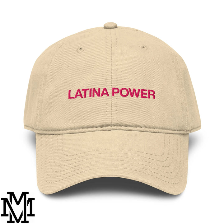 Beige unstructured baseball dad hat with latina power embroidered in bold pink thread across the front