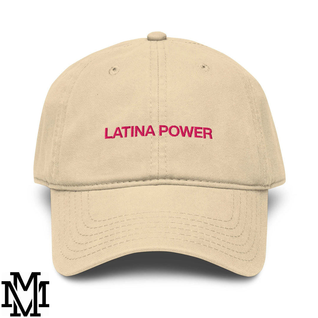 Beige unstructured baseball dad hat with latina power embroidered in pink thread on the front