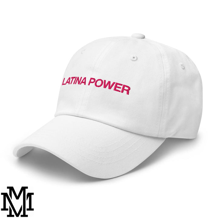 White unstructured dad hat with latina power embroidered in pink thread across the front