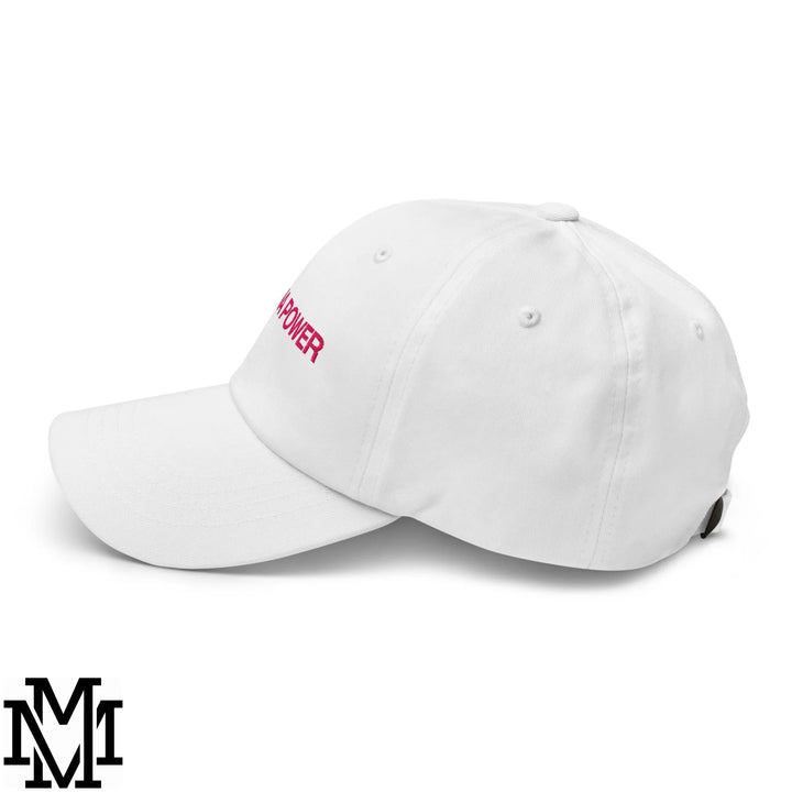 White unstructured dad hat with pink embroidered power text front for latina power style