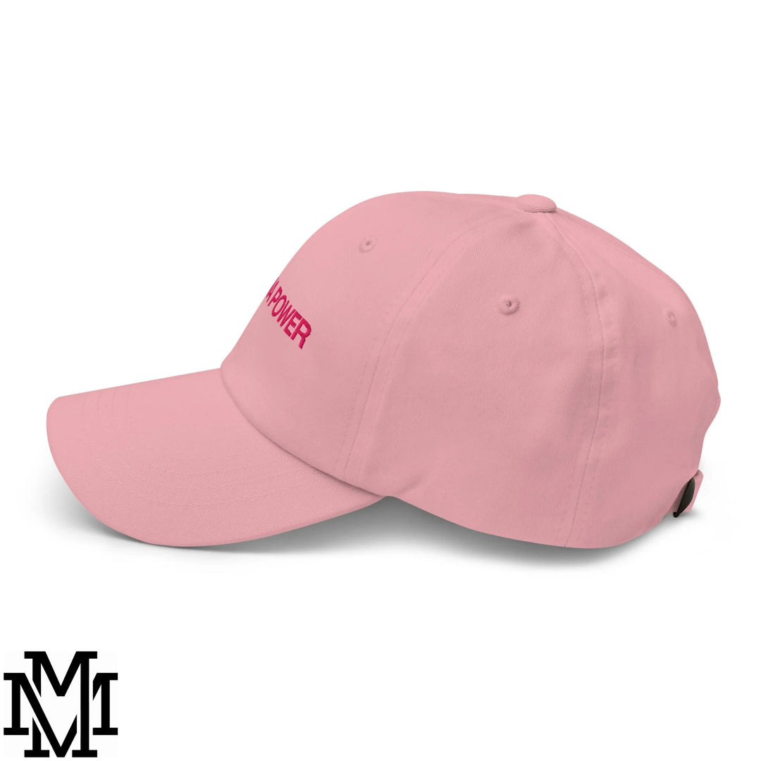 A soft pink Latina Power embroidered unstructured dad hat with power stitched in matching pink thread on the side