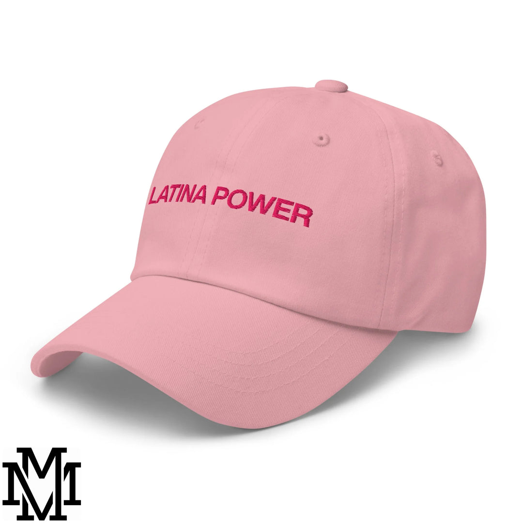 Pink unstructured dad hat with latina power embroidered in matching pink thread for casual wear