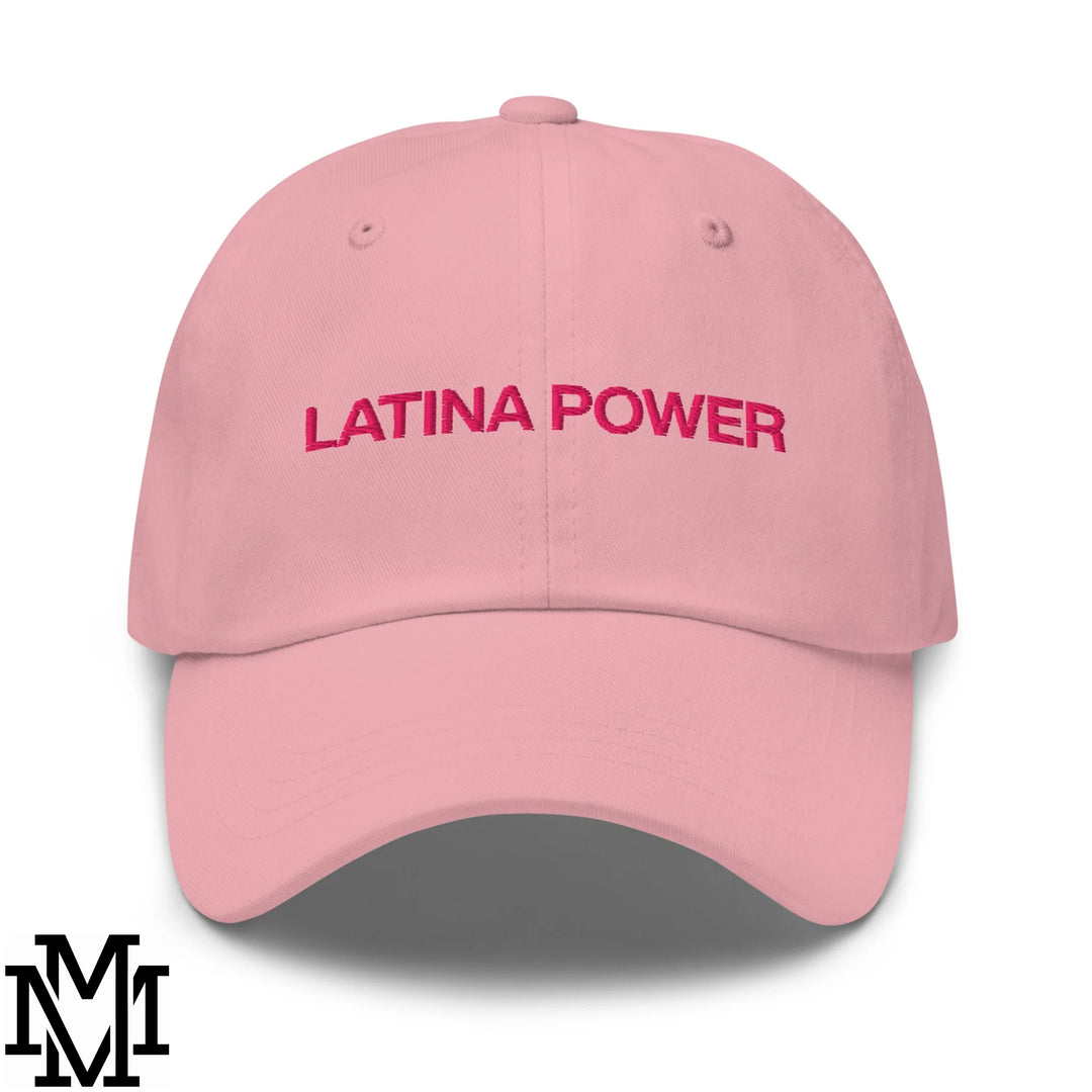 A soft pink unstructured dad hat with latina power embroidered in bold pink thread on the front