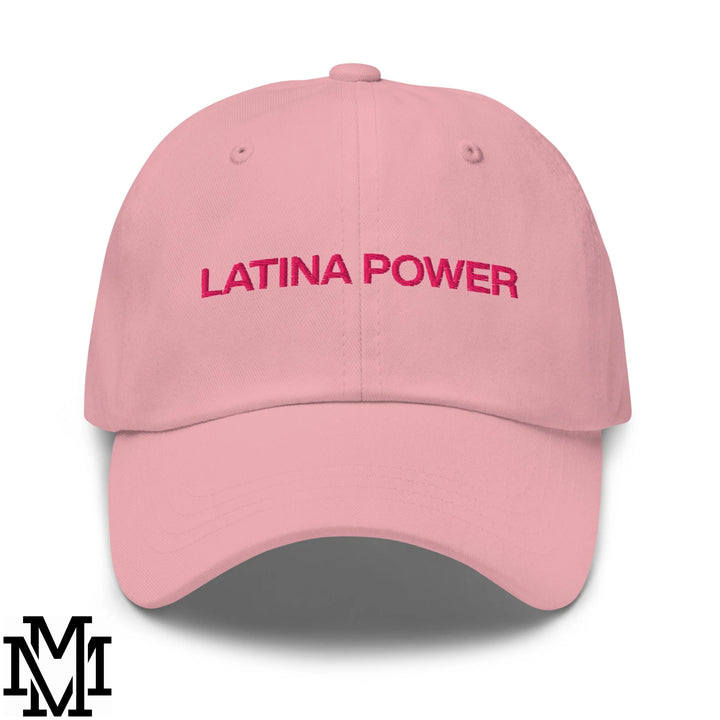 A soft pink unstructured dad hat with latina power embroidered in bold pink thread on the front