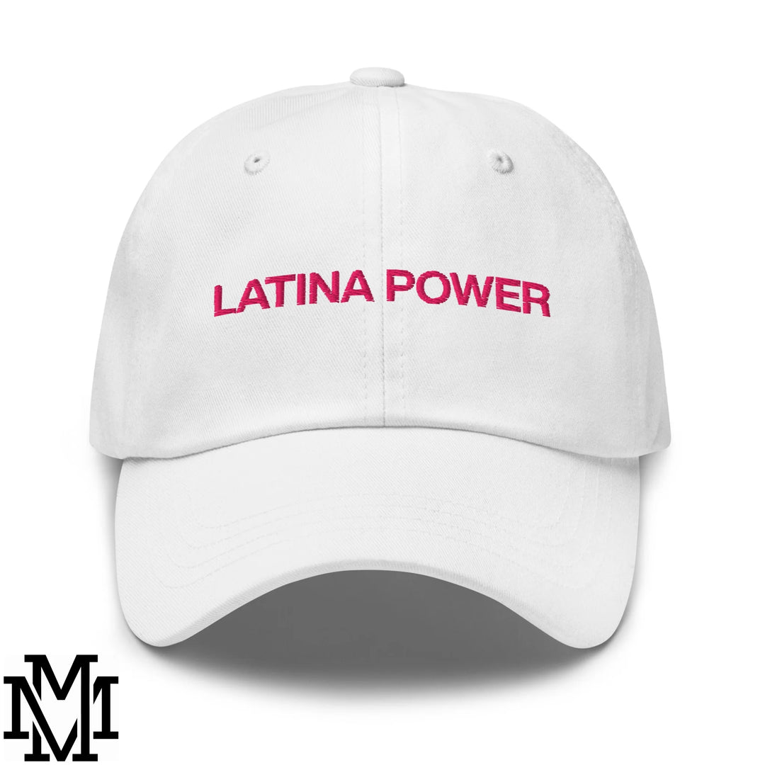 White unstructured dad hat with pink embroidered latina power text across the front for casual wear