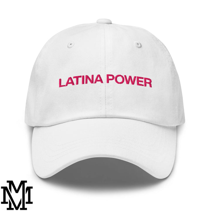 White unstructured dad hat with pink embroidered latina power text across the front for casual wear