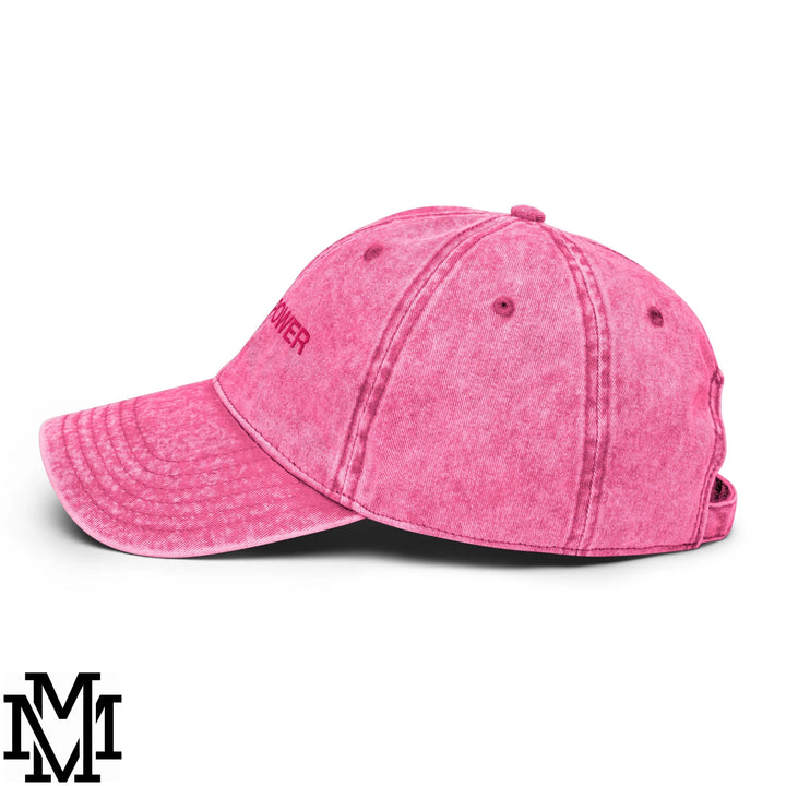 Faded pink denim unstructured dad hat with power embroidered in matching pink thread on the front