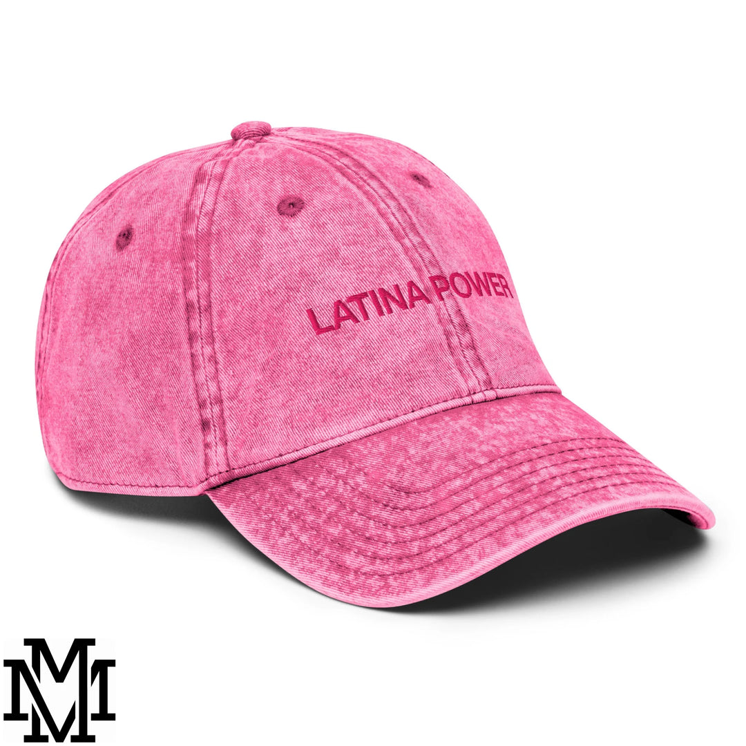 Pink denim baseball cap with latina power embroidered in matching pink thread from latina power dad hat collection