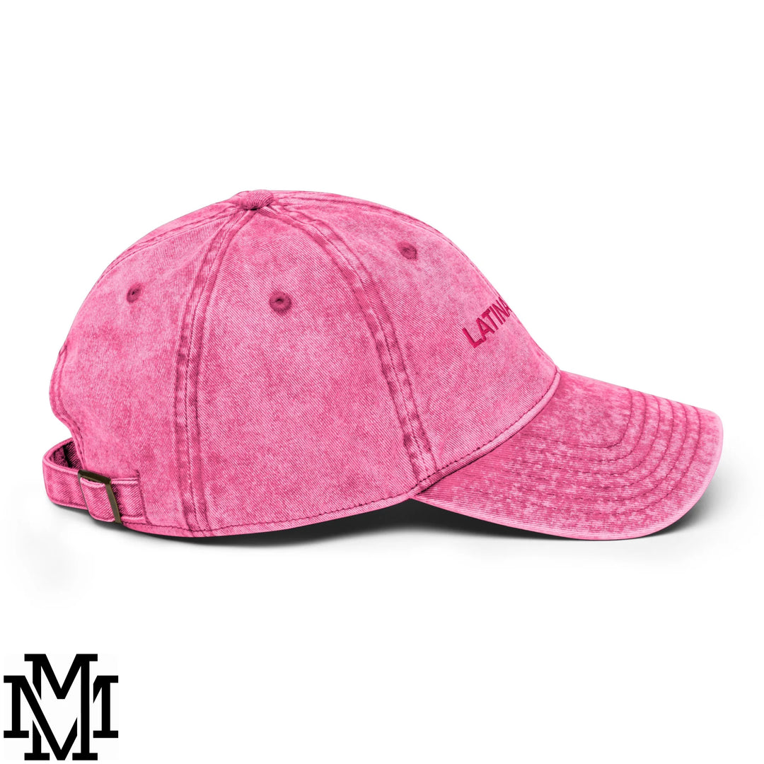 Pink distressed denim dad hat with latin embroidered in matching pink thread from latina power collection