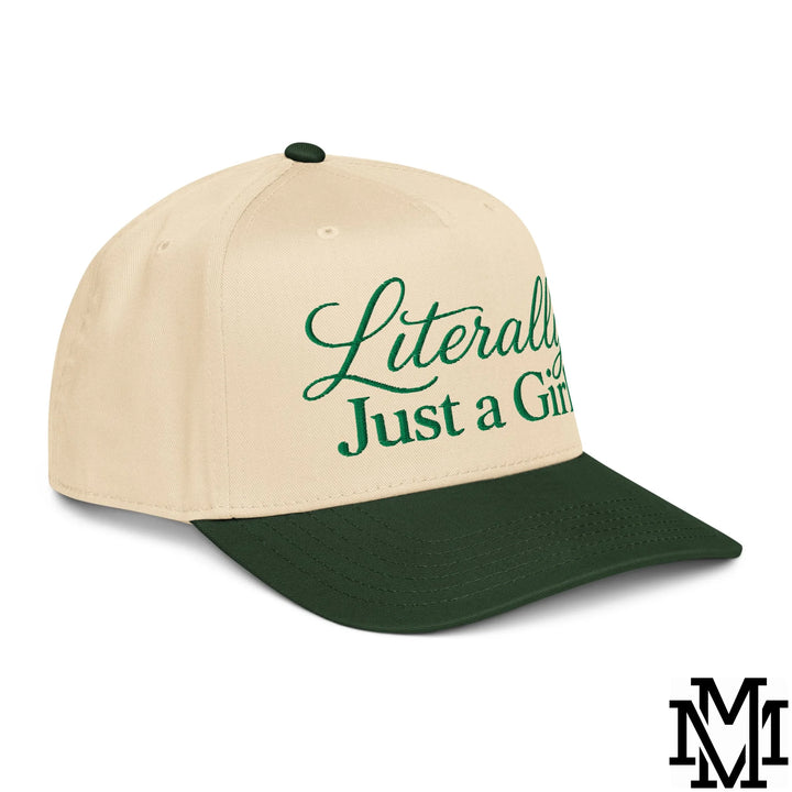 Literally Just a Girl Embroidered Baseball Snapback Hat - Dark Green Natural