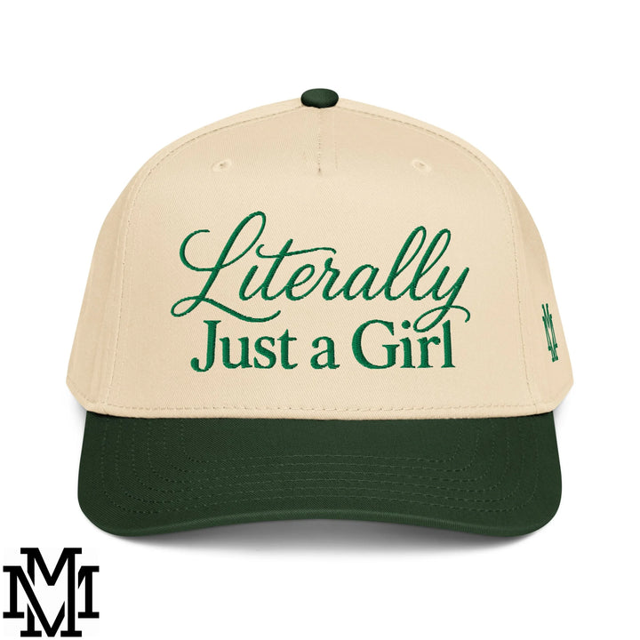 Literally Just a Girl Embroidered Baseball Snapback Hat - Dark Green Natural