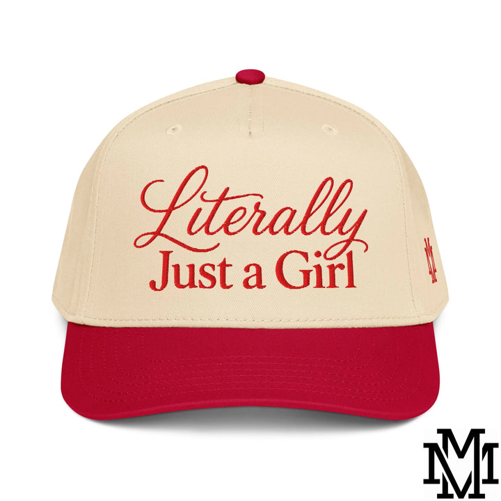 Literally Just a Girl Embroidered Baseball Snapback Hat - Red Natural
