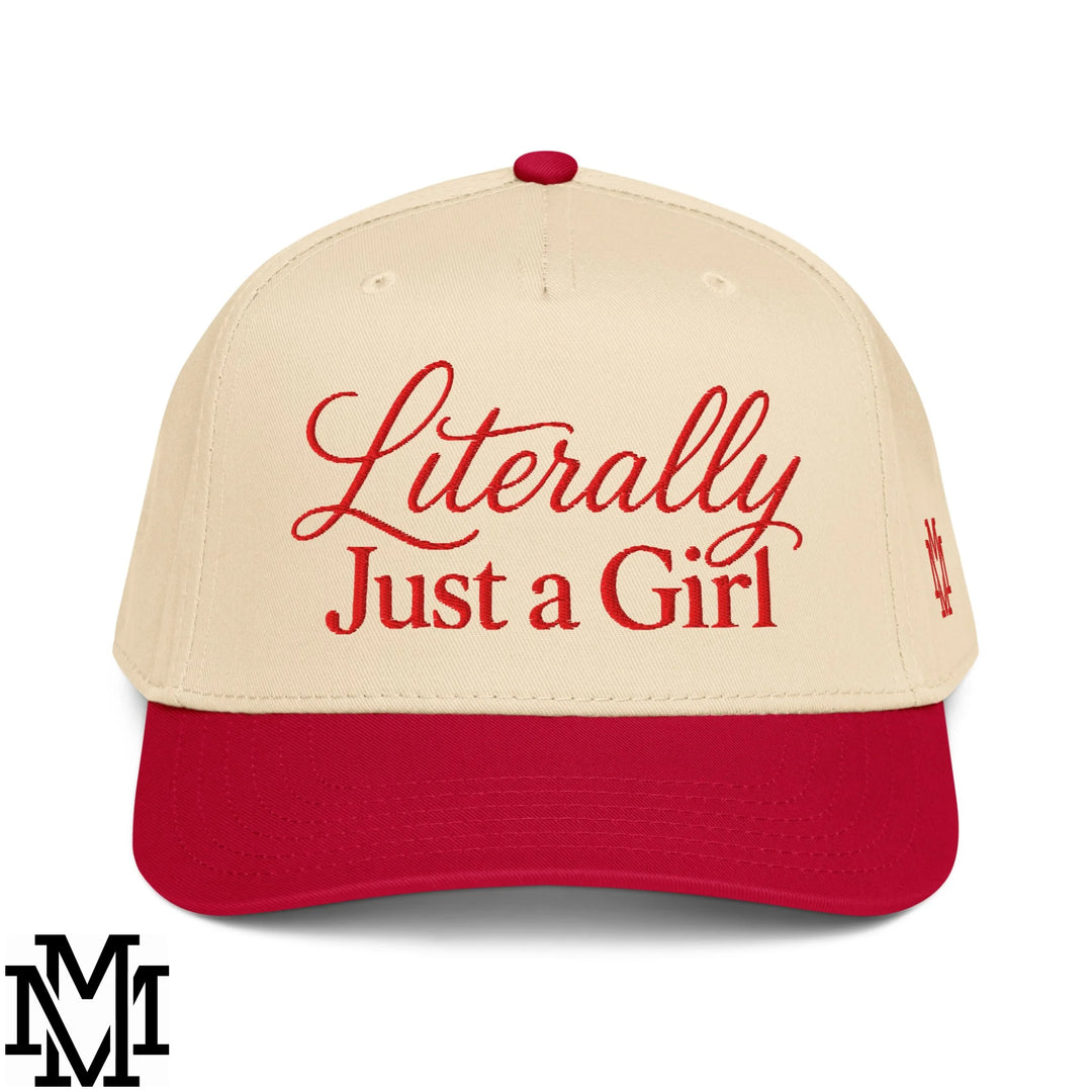 Literally Just a Girl Embroidered Baseball Snapback Hat - Red Natural