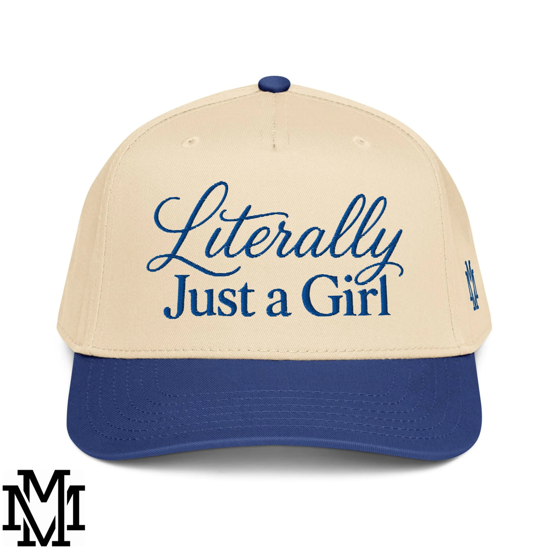 Literally Just a Girl Embroidered Baseball Snapback Hat - Royal Natural