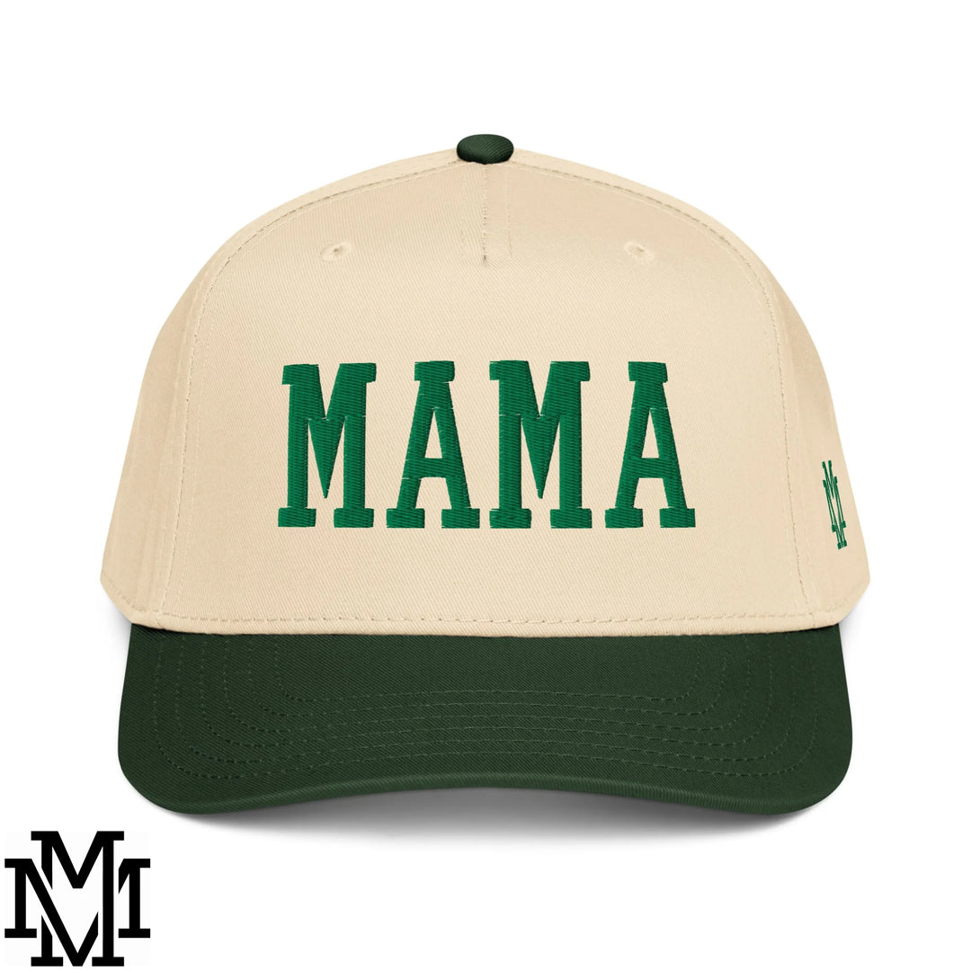 Mama Embroidered Baseball Snapback Hat - Dark Green Natural