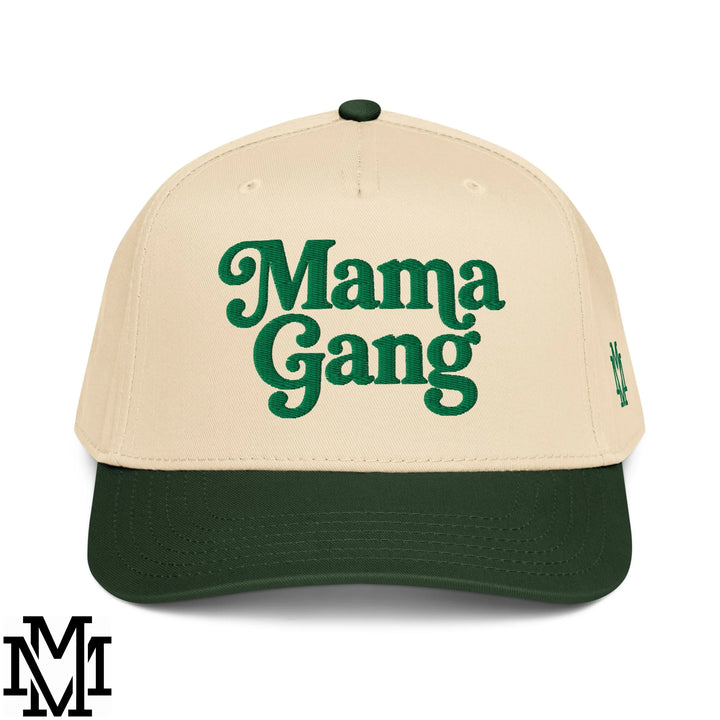 Mama Gang Embroidered Baseball Snapback Hat - Dark Green Natural