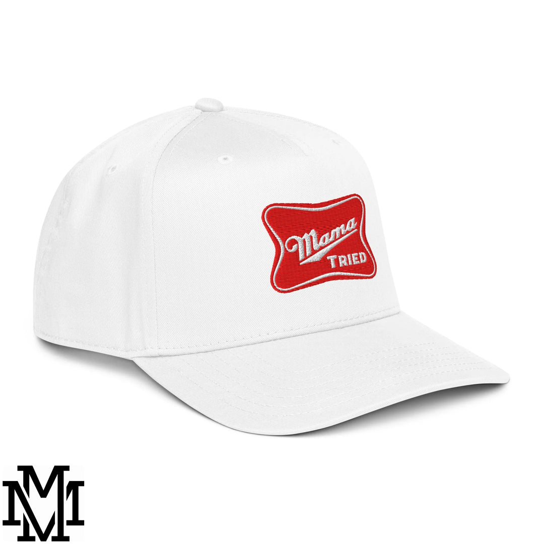 Mama Tried Champagne Embroidered Baseball Snapback Hat - White