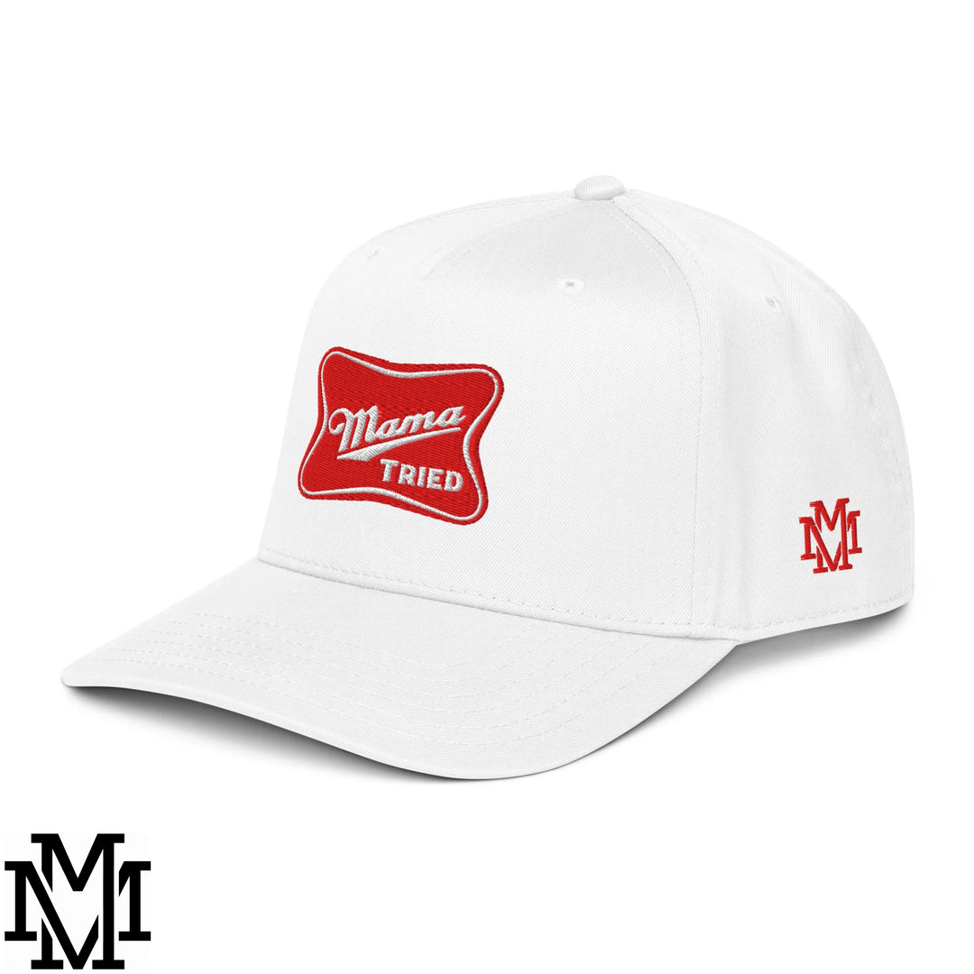 Mama Tried Champagne Embroidered Baseball Snapback Hat - White