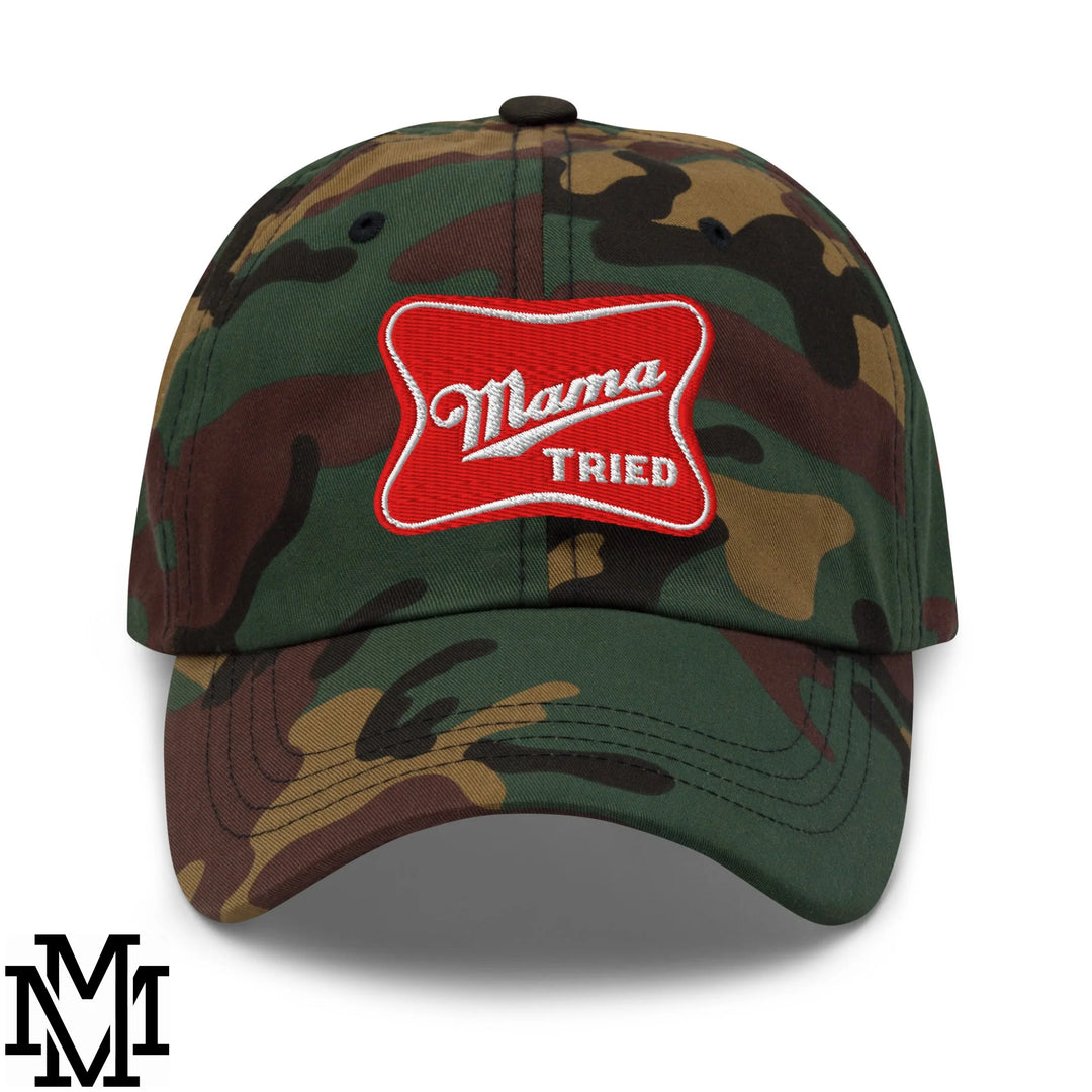 Mama Tried Champagne Embroidered Unstructured Dad Hat - Green Camo