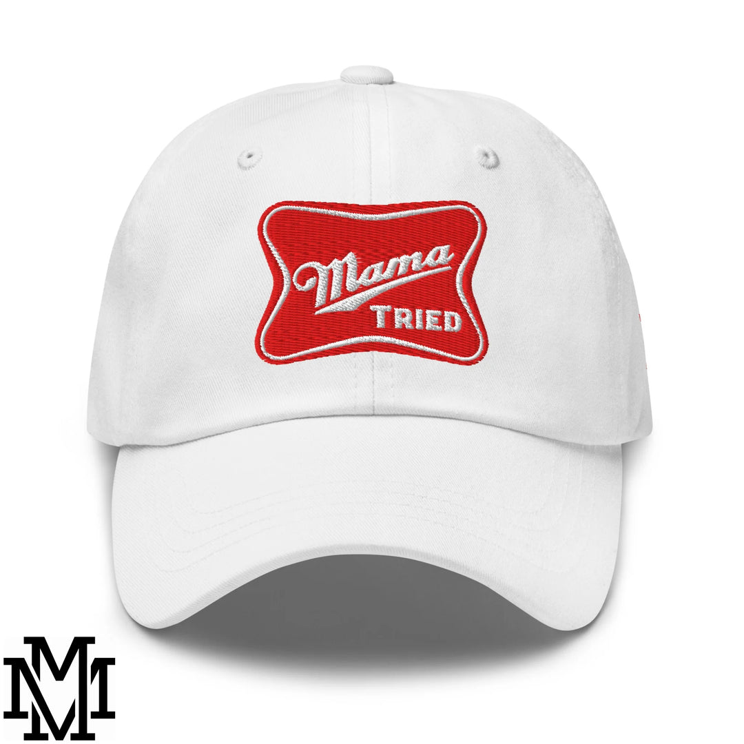 Mama Tried Champagne Embroidered Unstructured Dad Hat - White