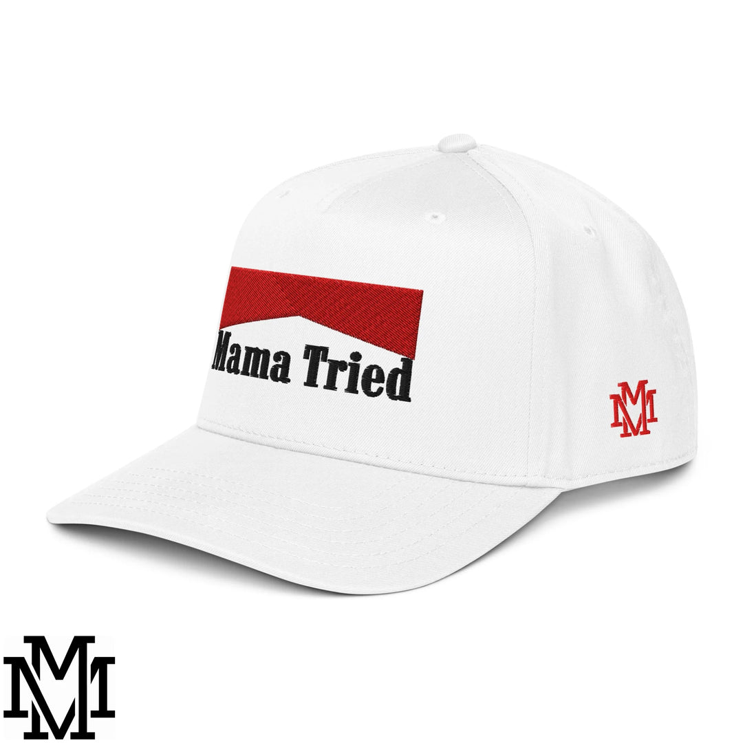 Mama Tried Reds Embroidered Baseball Snapback Hat - White