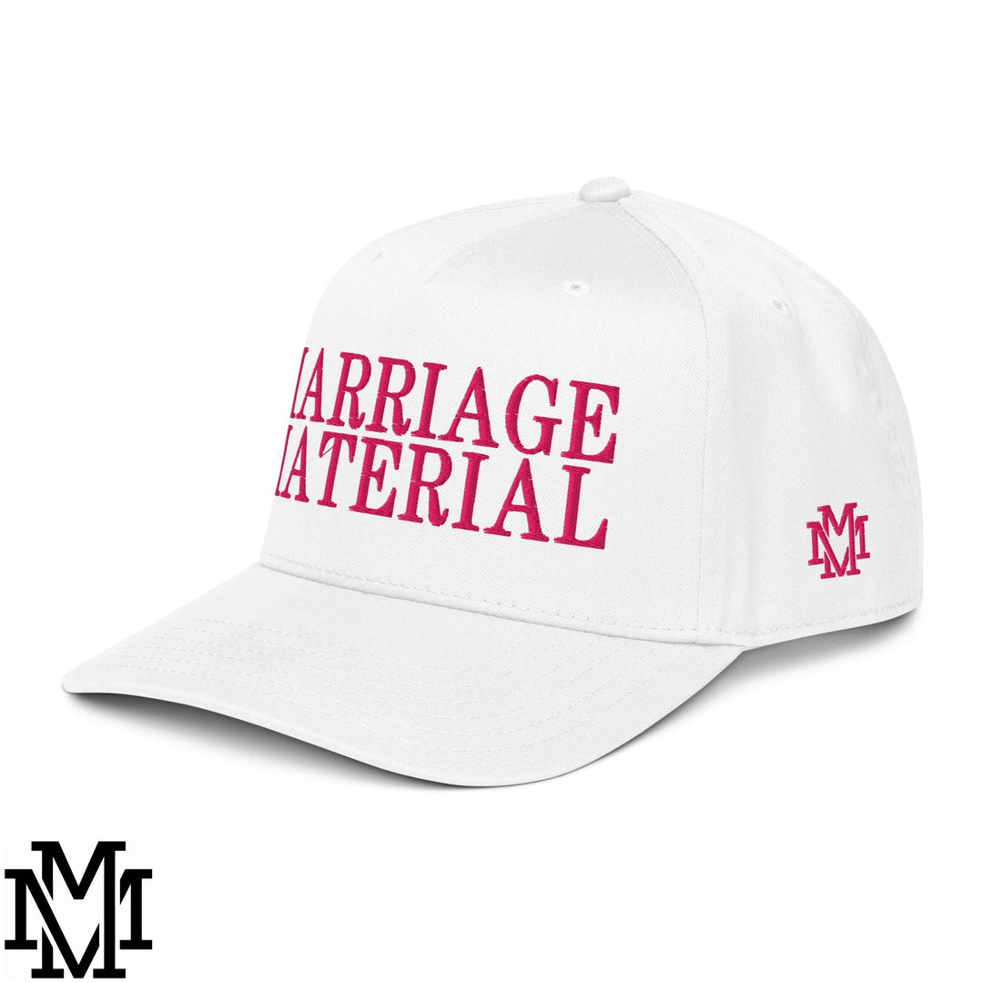 Marriage Material Embroidered Baseball Snapback Hat - White