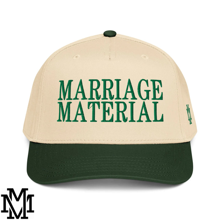 Marriage Material Embroidered Baseball Snapback Hat - Dark Green Natural